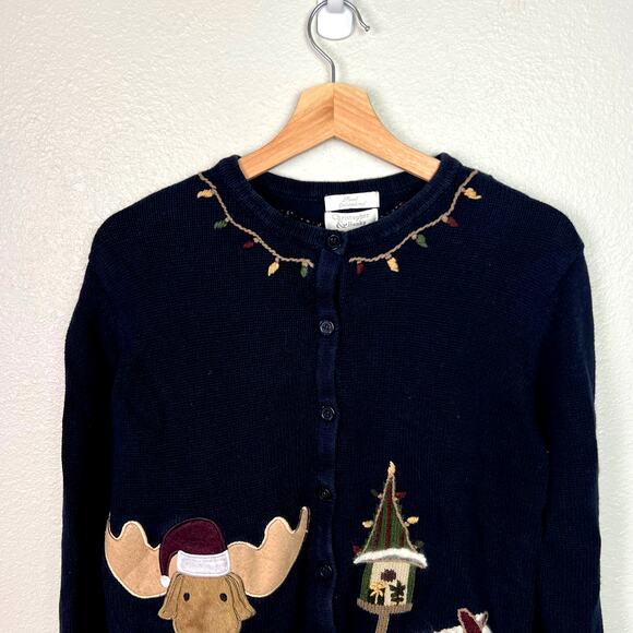 VTG Christopher & Banks Women's Small Navy Hand Embroidered Christmas Cardigan - Picture 2 of 12